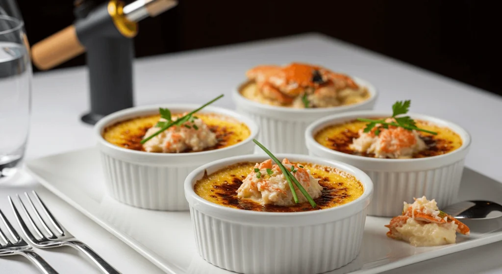 Elegant Crab Brûlée Garnished with Fresh Herbs on a Fine Dining Table