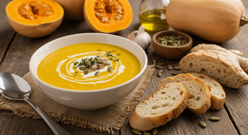 Butternut Squash Soup with Ginger, Roasted Seeds, and Crusty Bread