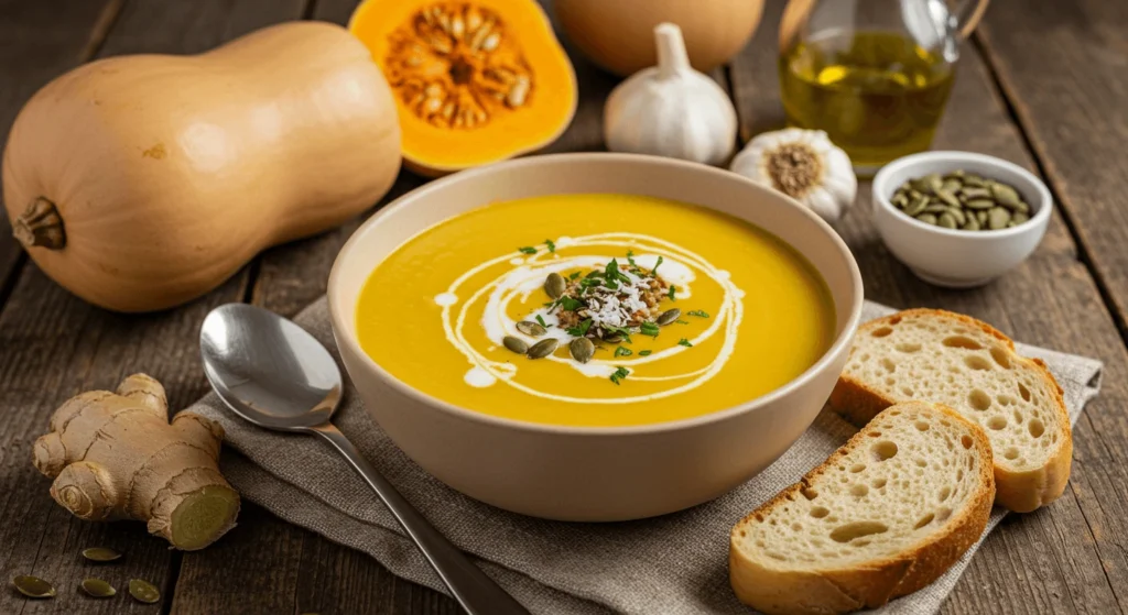 Butternut Squash Soup with Ginger, Garnished with Coconut Milk and Roasted Seeds