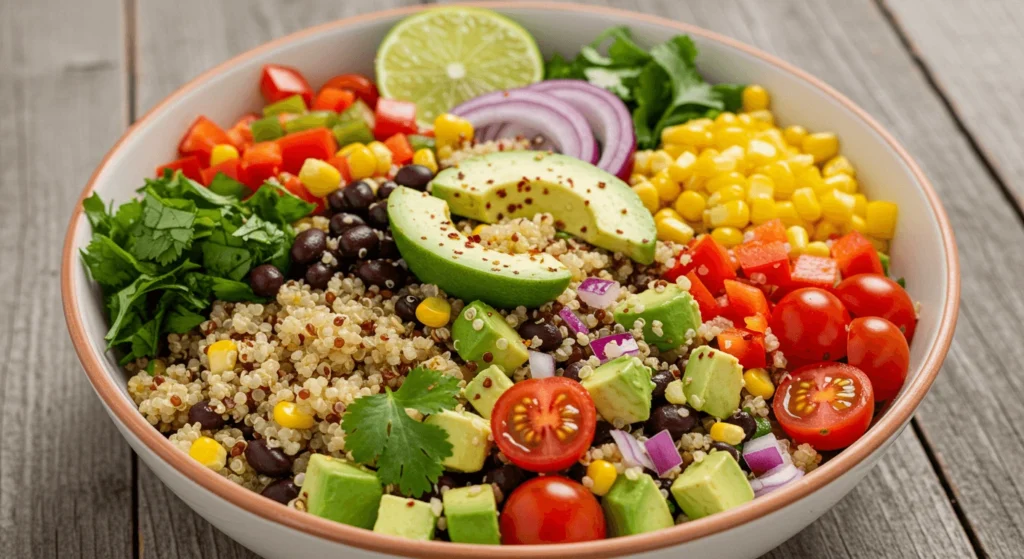 Healthy and Colorful Mexican Quinoa Salad with Avocado, Black Beans, and Lime