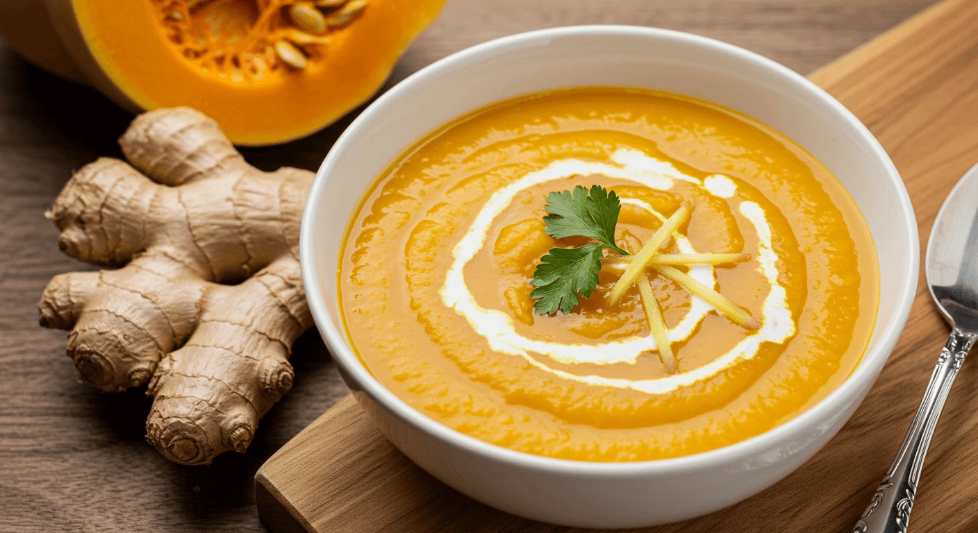 Warm butternut squash soup with ginger, topped with coconut milk and roasted pumpkin seeds