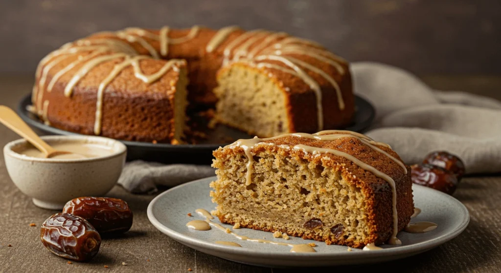 Slice of Date and Tahini Cake with Dates and Tahini on Wooden Table