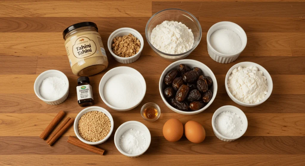 Essential ingredients for baking Date and Tahini Cake