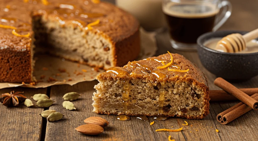 Moist Date and Tahini Cake with Cinnamon, Honey, and Coffee