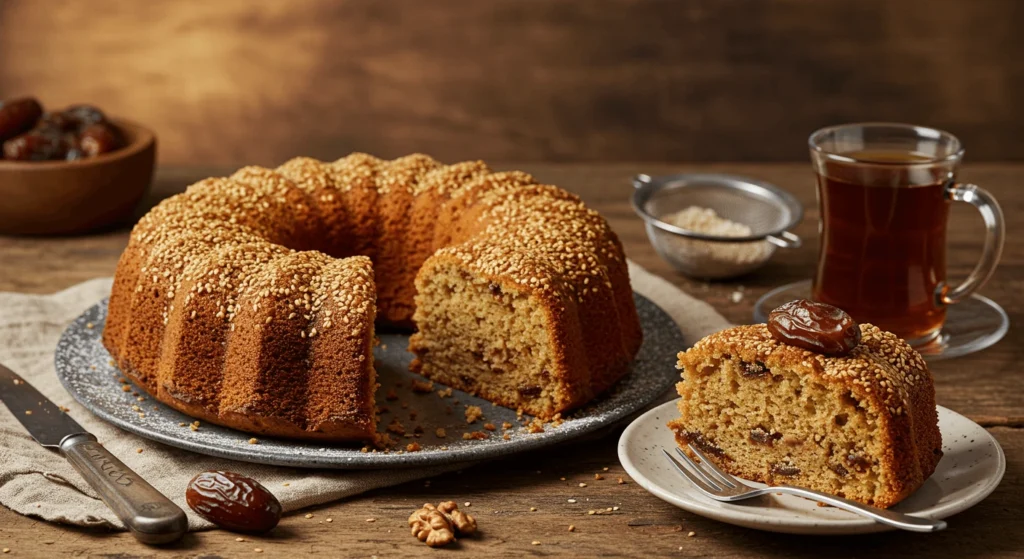 Date and Tahini Cake Slice with Rich Interior, Powdered Sugar, and Garnish