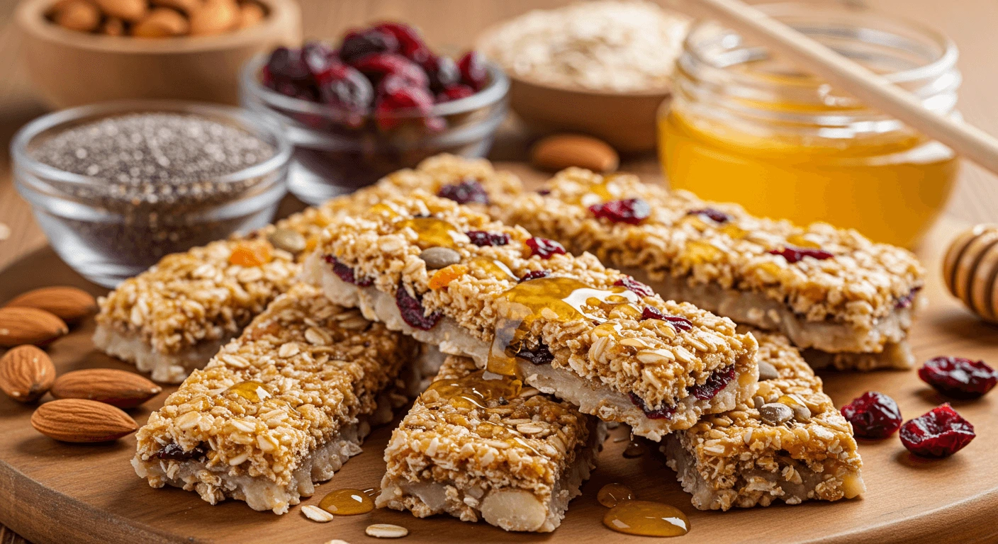 Close-Up of Homemade Granola Bars with Oats, Nuts, and Honey