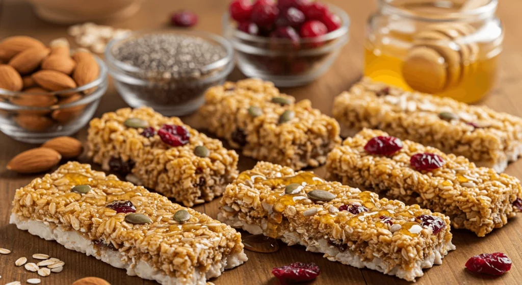 Close-Up of Homemade Granola Bars with Oats, Nuts, and Honey