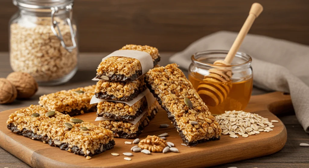 Stack of fresh homemade granola bars with oats, nuts, and honey